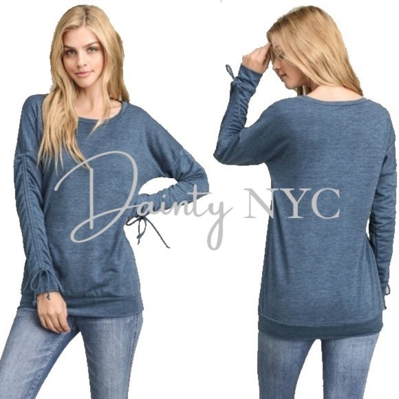 Ruched Lace Up Sleeve Knit Top - Picture 4 of 7